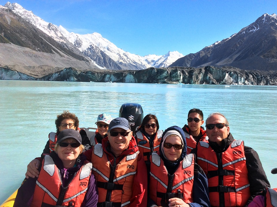 Safe in lifejackets on the Tasman Glacier lake