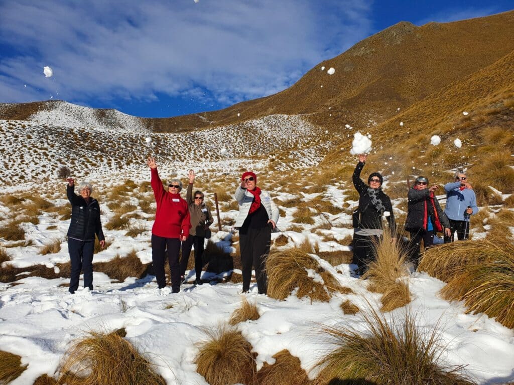 Guests throwing snowballs at Lindis Pass