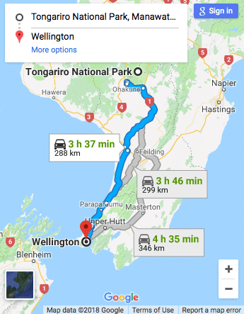 Tongariro National Park to Wellington Google Map