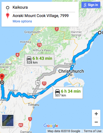 Kaikoura to Mount Cook Google Map