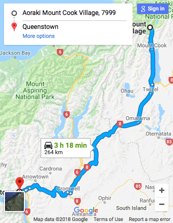Aoraki Mt Cook to Queenstown Google Map