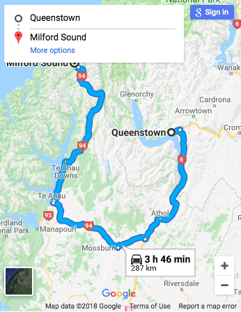 Queenstown to Milford Sound Google Map