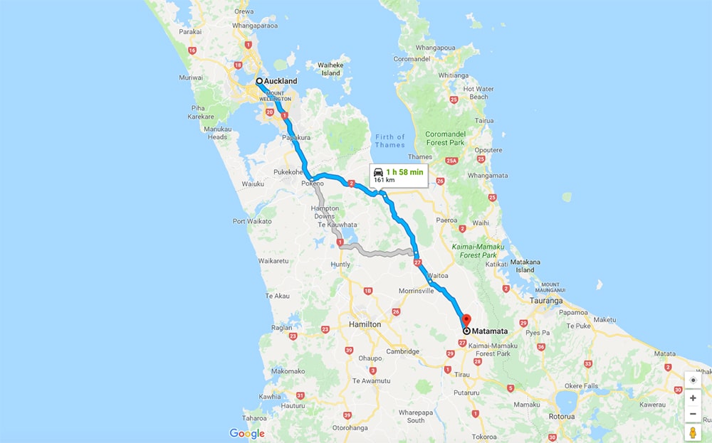 Auckland to Matamata (Hobbiton) Itinerary Map