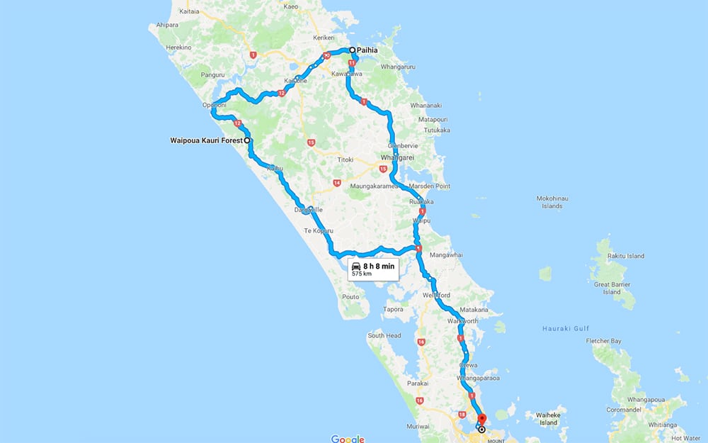 Auckland to Northland Itinerary Map