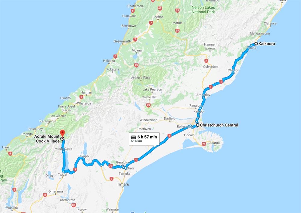 Itinerary Route Map from Kaikoura to Christchurch to Aoraki Mt Cook