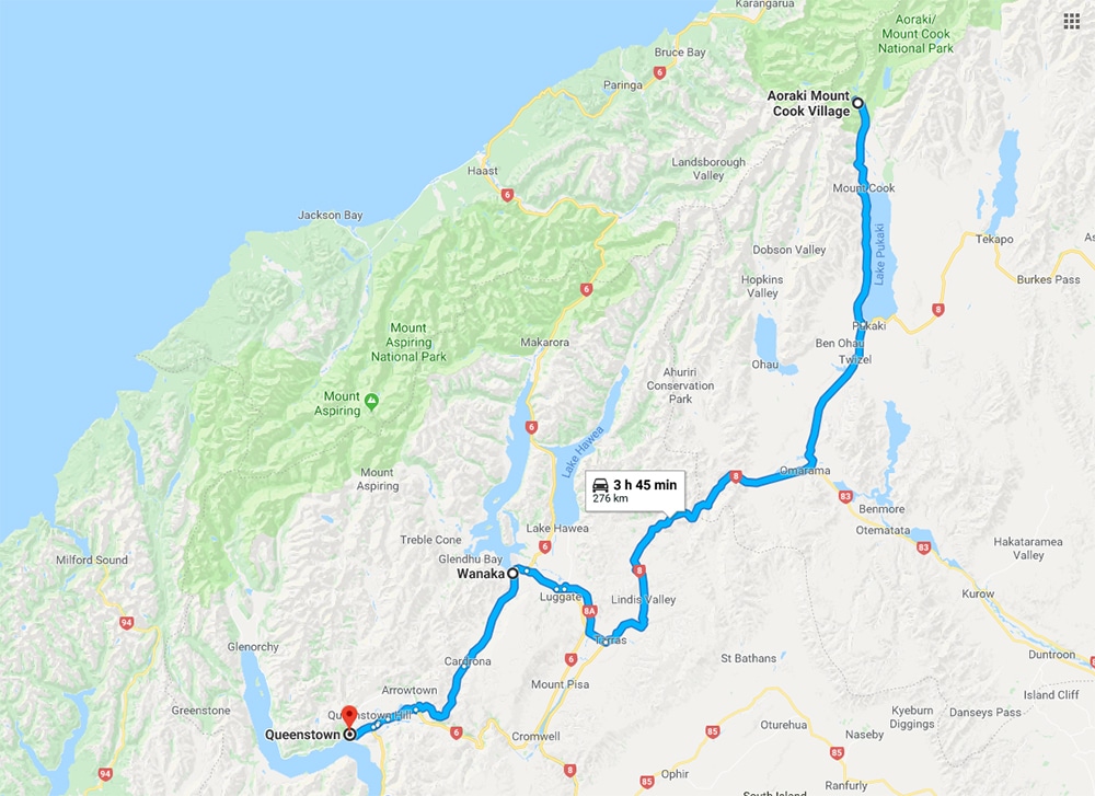 Itinerary Map from Mt Cook to Wanaka to Queenstown