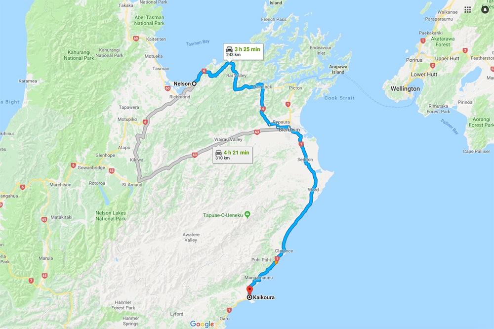 Nelson to Kaikoura Itinerary Map
