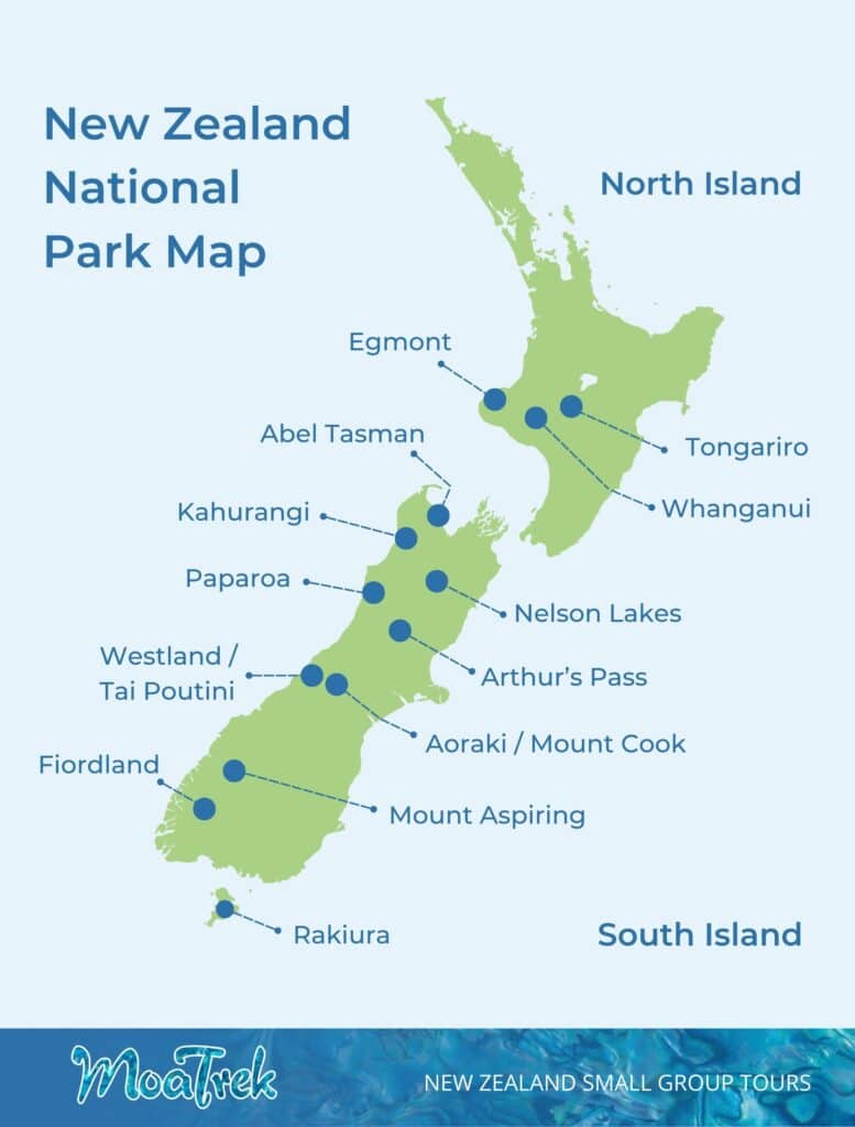 Map of New Zealand showing the location of each national park