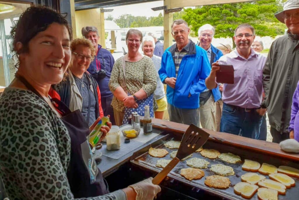Fresh whitebait patties on the grill at Curly Tree