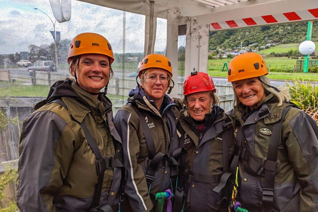 Susan and friends getting ready for Rotorua Canopy Tours