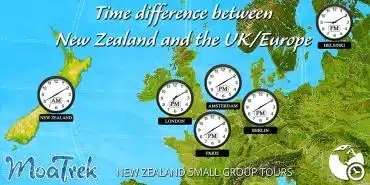 Graphic map showing the time difference between New Zealand and the UK / Europe