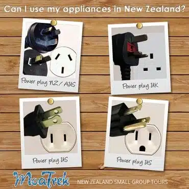 Diagram showing appliance plugs in NZ, USA & UK