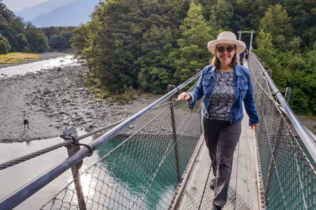 Crossing Swingbridge at the Blue Pools, Mt Aspiring National Park