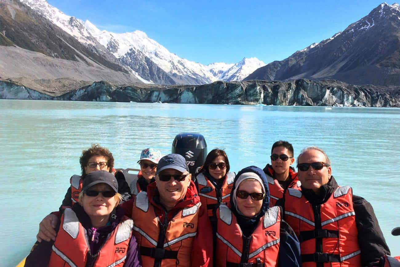 Guests on the Tasman Glacier Explorers boat trip