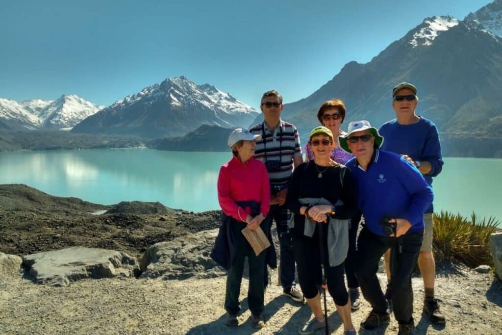 Walkers at the Tasman Glacier lookout, Mt Cook