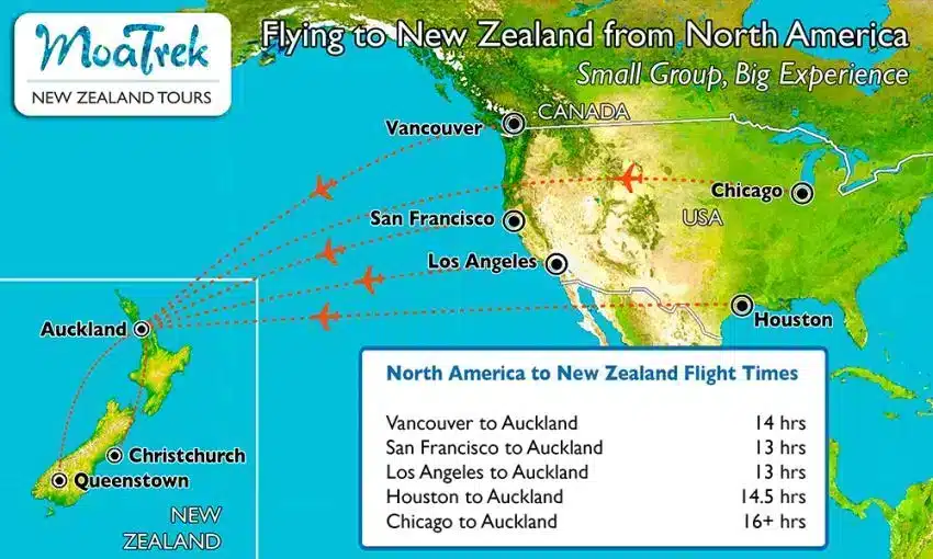 Map showing flight routes and times from the USA & Canada to New Zealand