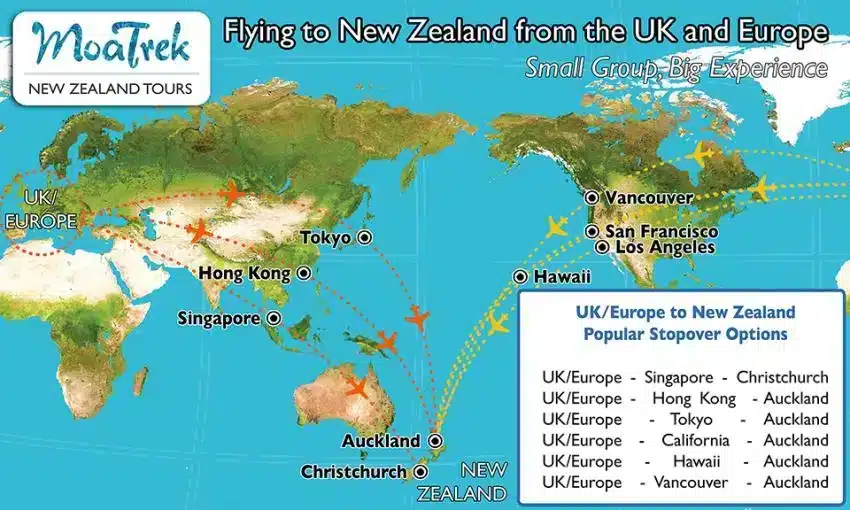 Flight map from Europe to New Zealand - Getting to NZ