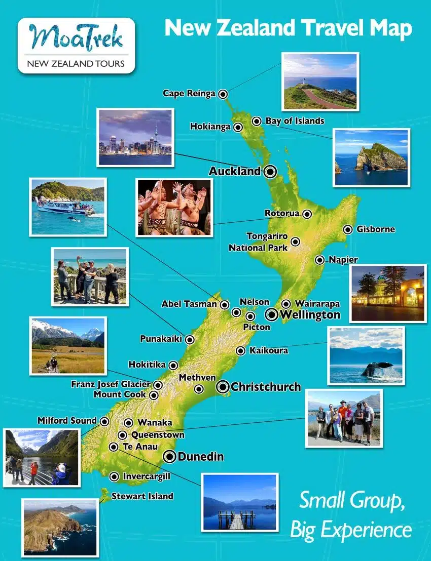 MoaTrek's handy NZ Travel Map - Pictures of Milfod Sound, Queenstown, Abel Tasman, Mt Cook, Bay of Islands, Rotorua
