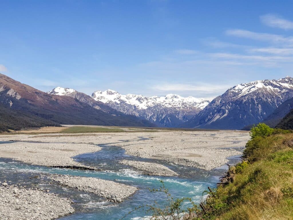 Views of the Southern Alps and the Waimakariri River in Arthur's Pass, New Zealand