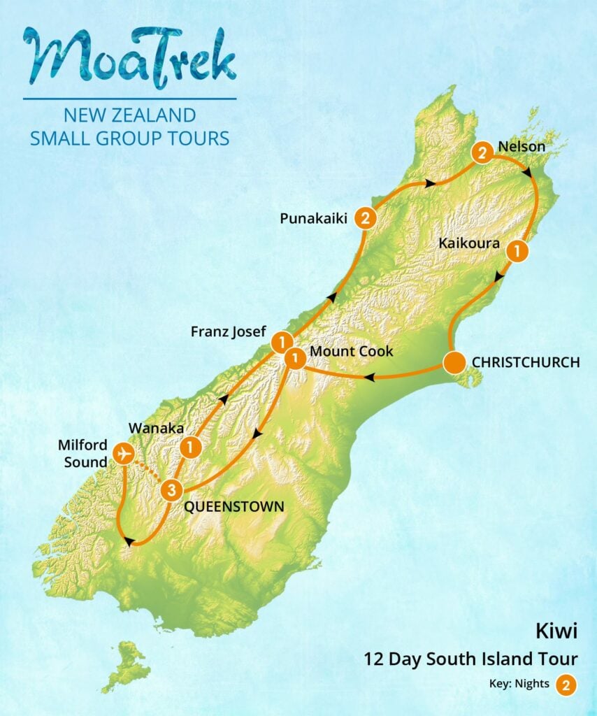 MoaTrek Kiwi 12 day South Island tour map