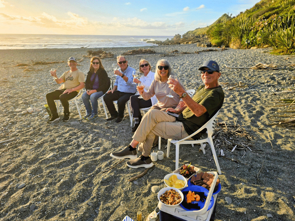Drinks at Sunset on Punakaiki Beach