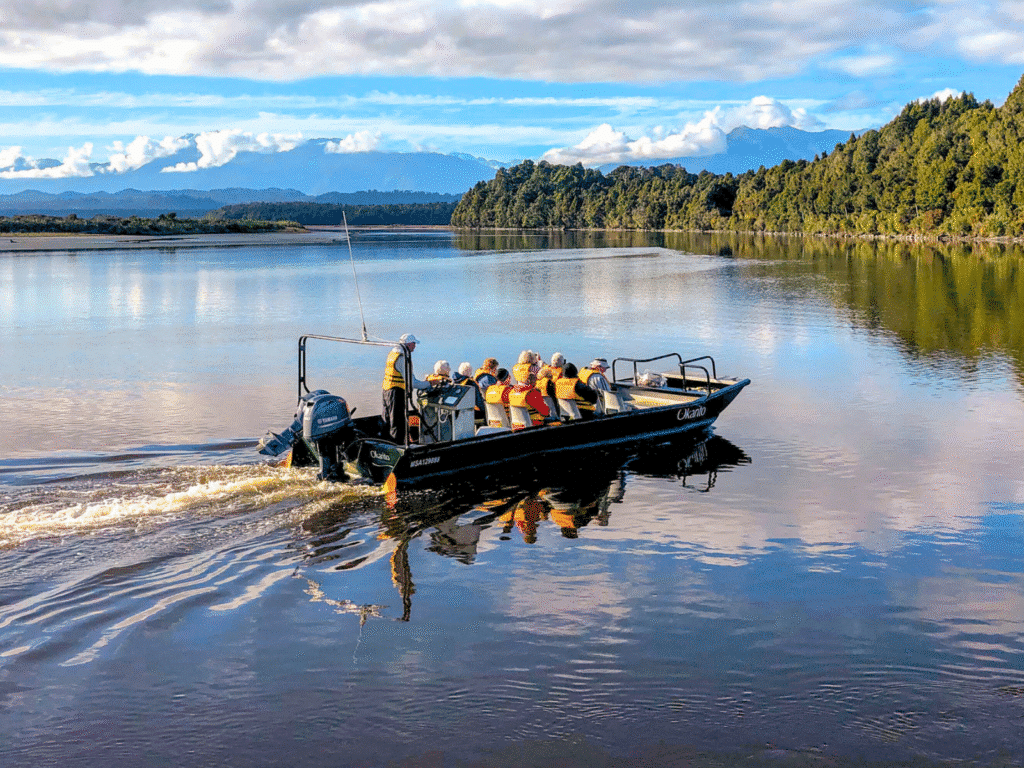 MoaTrek tour group on a wildlife cruise in Okarito Lagoon