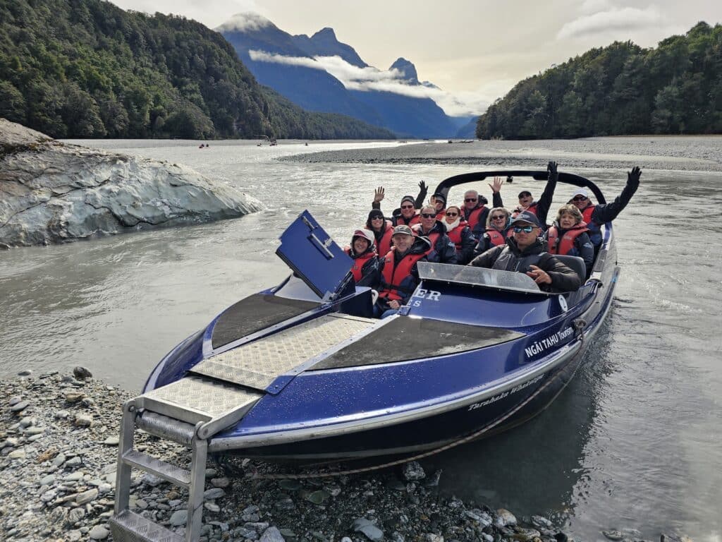 Senior travellers on the Dart River Jetboat, Queenstown, New Zealand