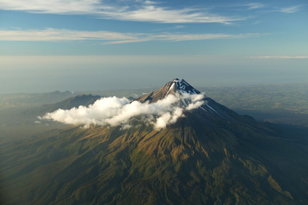 Aerial views of the volcanic cone of Mt Taranaki, New Zealand
