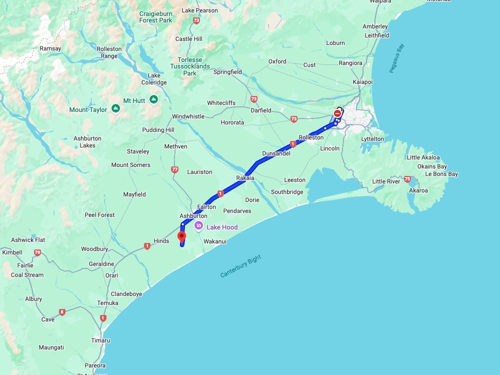 Location of Akaunui Homestead on a map, 100km south of Christchurch