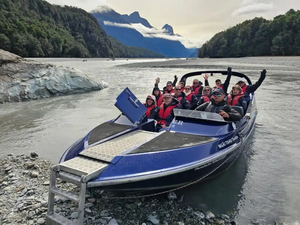 Senior travellers on the Dart River jet boat, Queenstown New Zealand