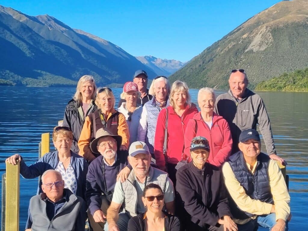 John and Jenny with their MoaTrek group, Nelson Lakes